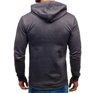 Back view of a plain charcoal grey men's pullover hoodie with high-quality heathered texture.