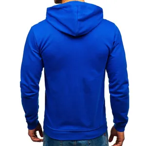 Close-up back view of a solid royal blue long sleeve hooded sweatshirt with ribbed hem