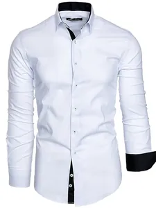 Detail view of men's white long-sleeve shirt with black contrast collar and cuffs