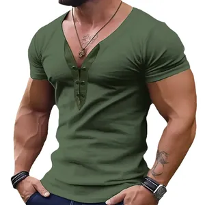Men's slim fit V-neck short sleeve sport T-shirt in olive green for fitness and casual wear