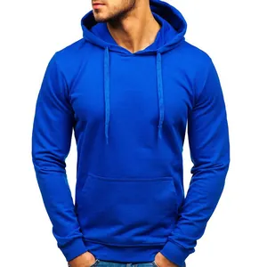 Close-up of bright blue long sleeve pullover hoodie with front kangaroo pocket on model