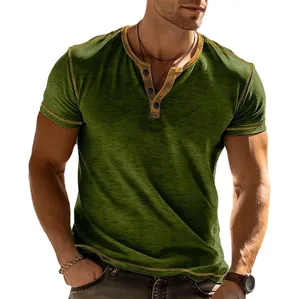 Stylish men's summer olive green Henley short sleeve T-shirt with contrast button neck