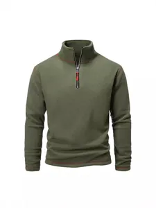 Men's olive green tactical fleece pullover with quarter-zip and red contrast stitching