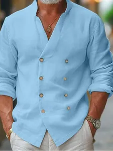 Men's Casual Cotton Blend Shirt Double Breasted Stand Collar Long Sleeve Plus Size Fashion Solid Color Top Cardigan