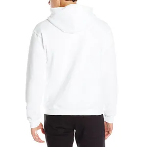 Detail view of a plain white men's pullover hoodie with long sleeves and back silhouette.