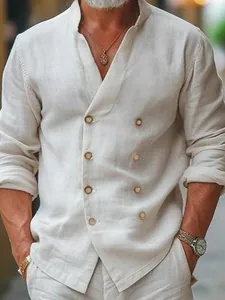Men's double-breasted linen shirt with stand collar and long sleeves for casual wear