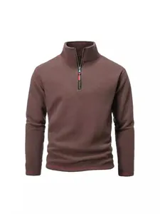 Men's brown quarter-zip fleece pullover with tactical mock neck and red stitching