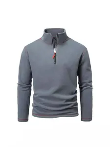 Men's gray quarter-zip fleece pullover with red stitching and stand collar