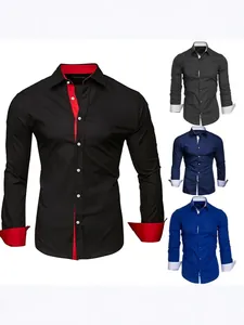 Men's Smart Casual Long Sleeve Shirt Contrast Color Stitching Lapel Shirt Cotton Blend Slim Fit Breathable Button Up Top