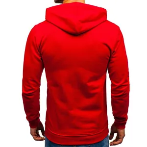 Back view of a vibrant red men's pullover hoodie with long sleeves
