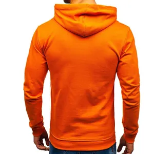 Detailed back view of a bright orange long-sleeve hooded sweatshirt with a casual fit.