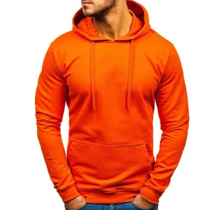 Vibrant orange long-sleeved pullover hoodie with kangaroo pocket and drawstring for men