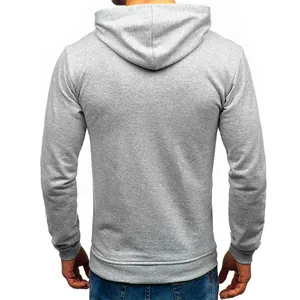 Back view of a classic grey long-sleeved hooded sweatshirt with ribbed hem and cuffs