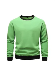 Men European Size Polar Fleece Sweatshirt Round Neck Long Sleeve Top With Sleeve Zipper Pocket Solid Color Casual Pullover