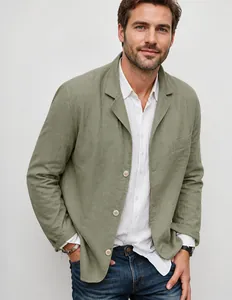 Blazer décontracté en lin et coton pour homme, vert sauge, coupe ample à boutons
