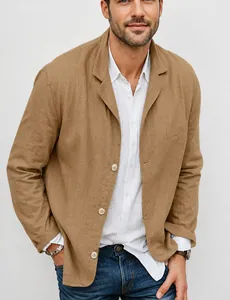 Veste blazer décontractée pour homme en coton et lin, revers et boutonnage simple.