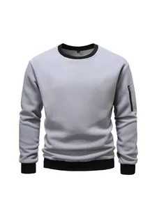 Men's grey long sleeve fleece sweatshirt with round neck and zipper sleeve pocket.