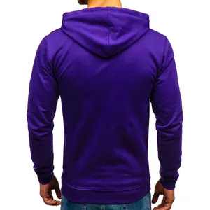 Detailed back view of a high-quality plain purple long-sleeved hooded sweatshirt for men