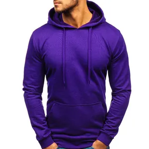 Close-up of a men's plain purple pullover long sleeve hoodie with kangaroo pocket