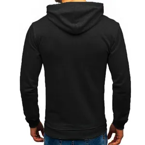 Detailed back view of a classic black solid color men's pullover long sleeve hoodie