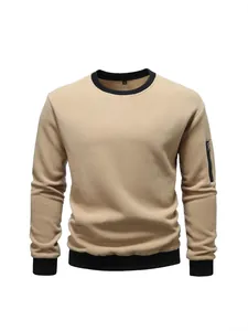 Men's khaki fleece crewneck sweatshirt with black ribbed trim and sleeve zipper pocket.