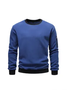 Casual men's blue fleece crewneck sweatshirt featuring contrast black trim and sleeve pocket