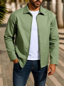 Stylish men's sage green zip-up windbreaker jacket with collar and slim fit design