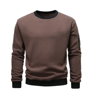 Men's brown fleece crew neck sweatshirt with sleeve zipper pocket