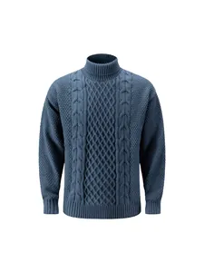 Detailopname van blauwe herentrui met col en een ingewikkeld kabelbreipatroon
