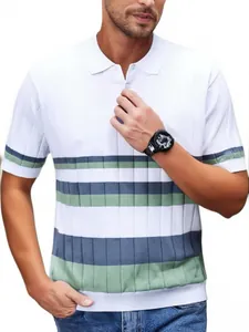 Polo de Punto a Rayas para Hombre Poliéster Manga Corta Transpirable Moda Corte Holgado Verano Solapa Top Casual