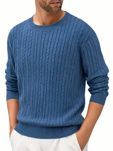 Suéter de Punto Trenzado para Hombre Color Sólido Cuello Redondo Pullover Poliéster Manga Larga Ajuste Ceñido para Primavera Otoño