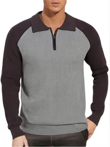 Men's business casual half-zipper polo knit sweater with grey and brown color blocking
