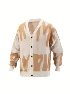 Macro view of the V-neck and button closure on this stylish patterned knit cardigan
