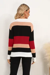Back view of a chic colorblock striped knit sweater with crew neck and long sleeves