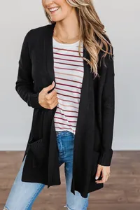 Close-up detail of a women's black long-sleeved open-front knit cardigan with pockets