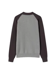 Back view of a men's color-block ribbed knit polo sweater in grey and charcoal grey