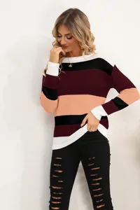Detail view of a color-block striped knit sweater with round neck and long sleeves.
