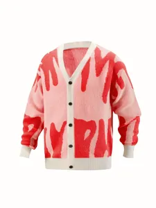 Close-up of pink and red graphic knitted cardigan with V-neck and buttons