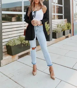Casual black long sleeve knit cardigan for women street style commute outfit view
