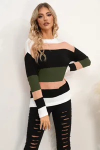 Detailed view of women's color-block striped knit sweater with crew neck design