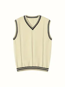 Gilet in maglia da uomo stile college scollo a V con strisce a contrasto color crema