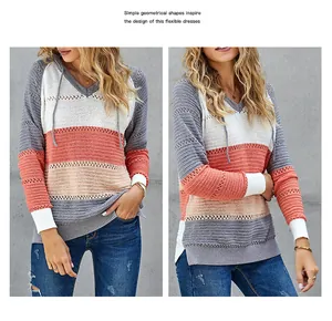 Sweat à capuche tricoté à rayures pour femmes avec col en V et motif color-block tendance