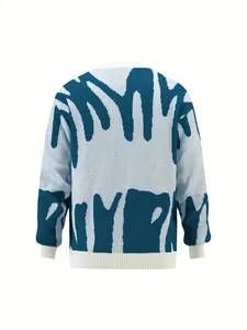 Detailed back view of a blue and white abstract patterned knit cardigan for casual wear