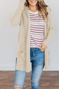 Casual long-sleeved beige knit cardigan for women with pockets and textured pattern