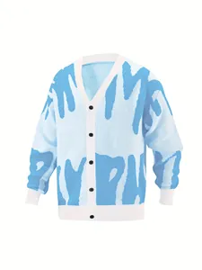 Detailed view of casual light blue V-neck knit cardigan with unique letter pattern