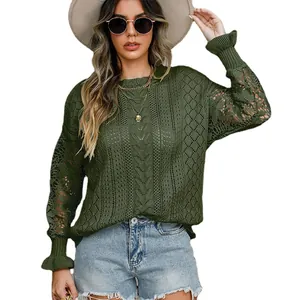 Stylish green hollow-out lace long sleeve sweater with flare cuffs and floral knit