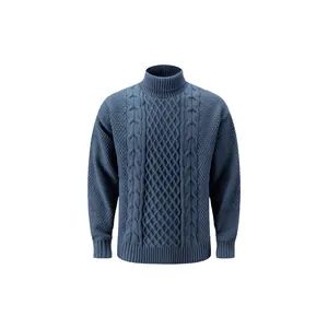 Klassieke blauwe coltrui voor heren met kabelbreipatroon voor het koude winterseizoen