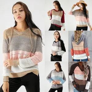 Sweat à Capuche en Maille Rayé Décontracté pour Femme Bloc de Couleur Manches Longues Pull Ample Top Automne Tricots de Style Occidental Pull
