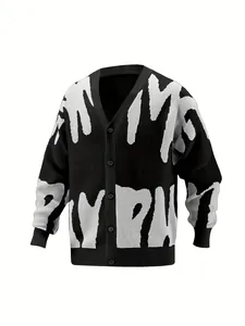 Detail view of a stylish V-neck knitted cardigan with black and white graffiti pattern