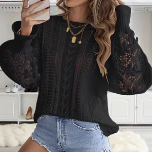 Elegant black knit sweater featuring lace floral long sleeves and flared cuffs for women